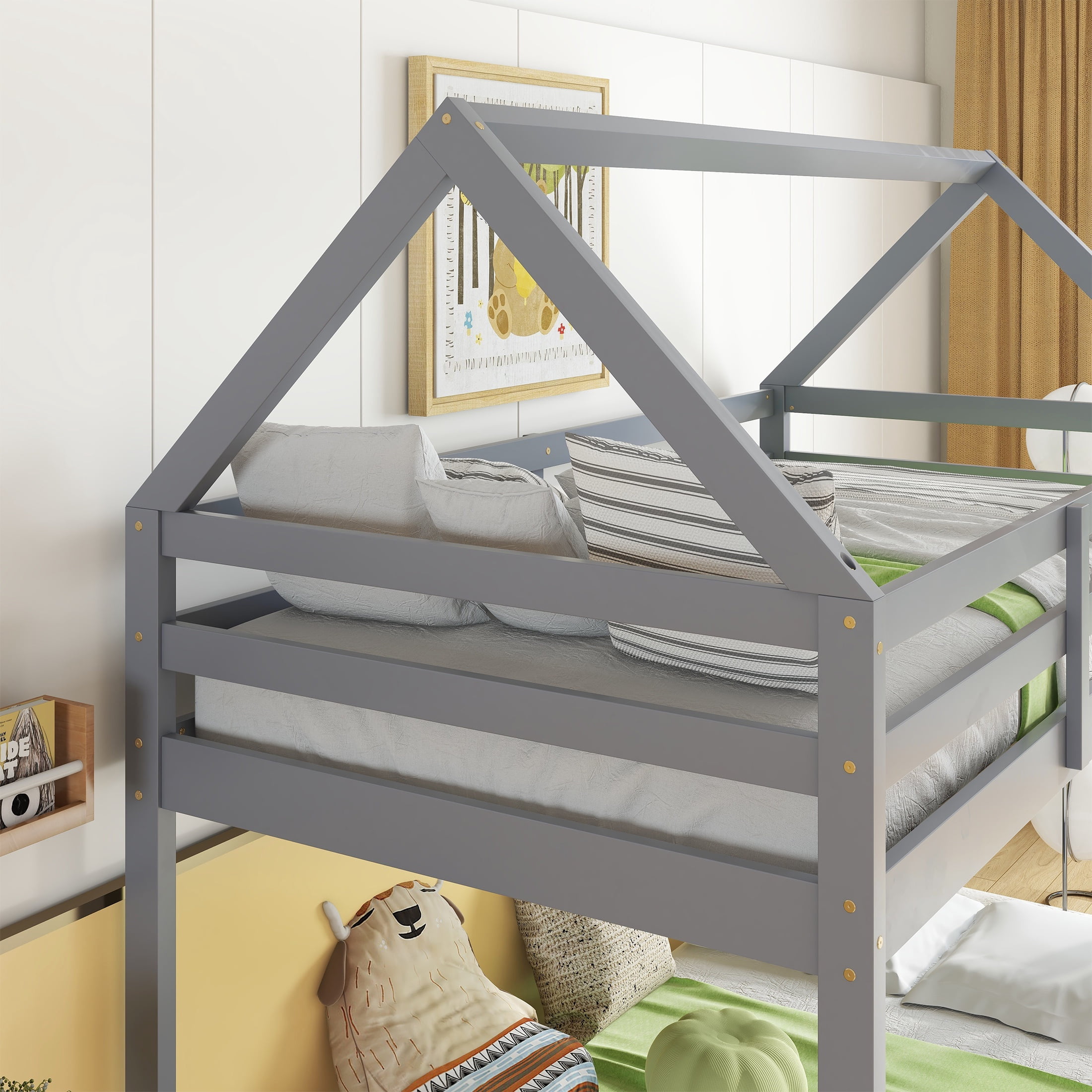 PORKISS Bunk Bed Twin Over Twin, Kids Low Floor Bunk Bed with Guard Rails for Children Boys Girls Dormitory Bedroom, Rubber Wood Bunk Bed, No Box Spring Needed, Grey #
