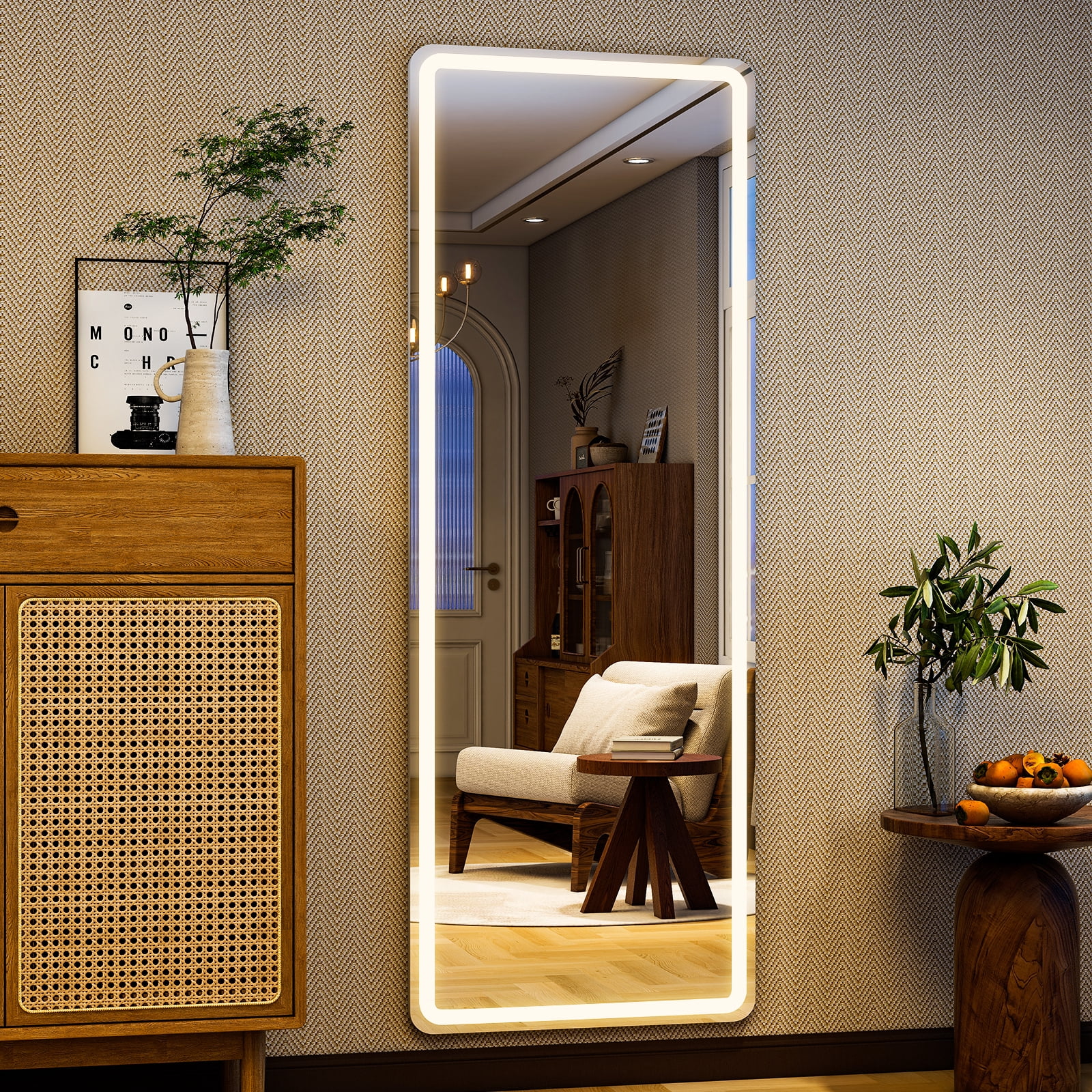 BEAUTYPEAK 60" x 16" LED Rectangular Full Length Mirror Standing Floor Mirror with Safe Corners,White