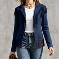thumbnail image 2 of IFNWSV Womens Bomber Jacket Pointed Collar Button Open Long Sleeve Solid Fringe Trim Frayed Hem Jacket, 2 of 5