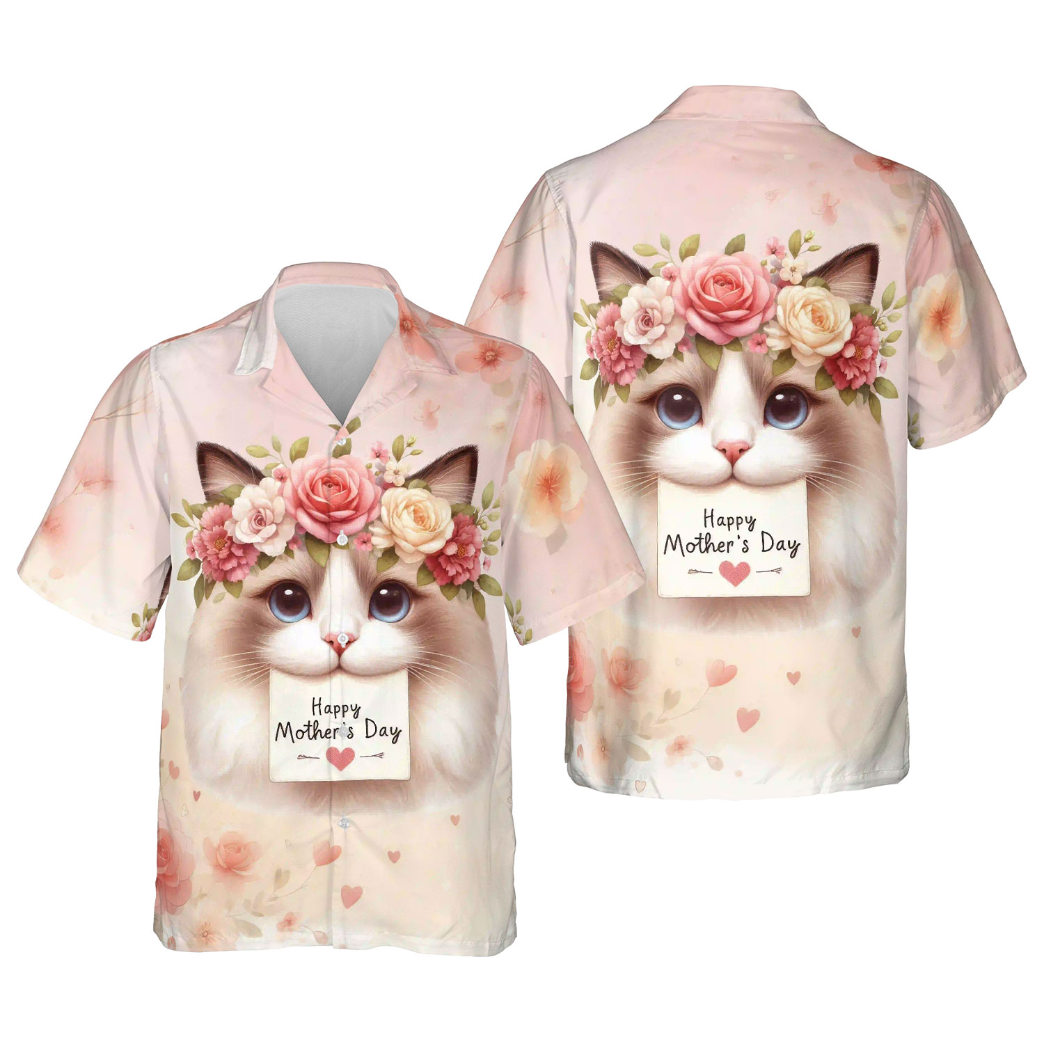 Happy Mother's Day Ragdoll with Flower Crown and Greeting Card Hawaiian Shirt Breathable Summer Unisex Merch Cat Lover Kitten Owner Gifts Idea - 13004