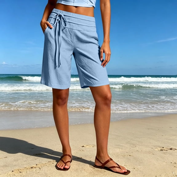 Bermuda Shorts for Women High Waisted Wide Leg Linen Shorts Casual Loose Summer Vacation Shorts with Pockets, S