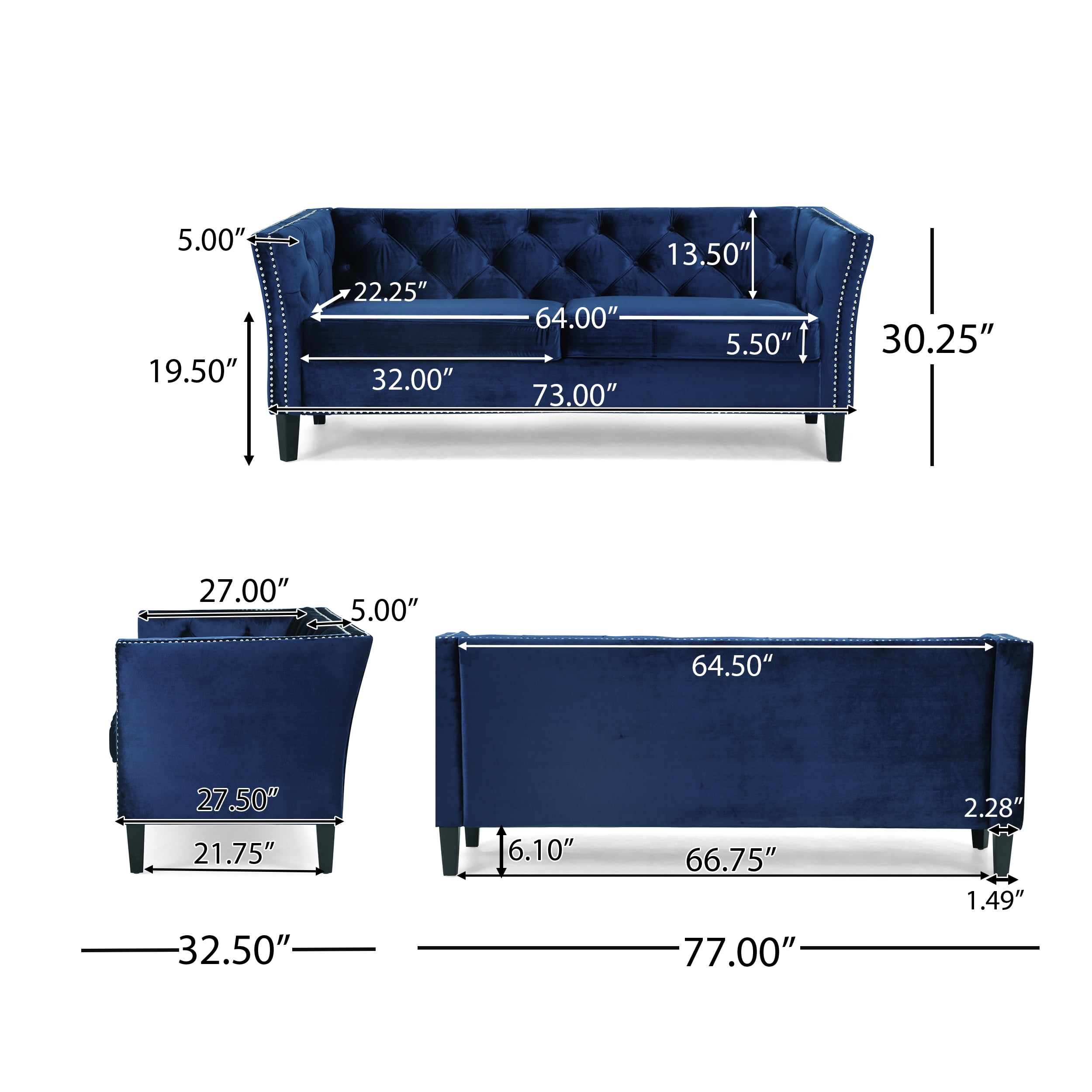 Noble House Claridge Button Tufted Velvet Sofa, Midnight Blue, Dark Brown