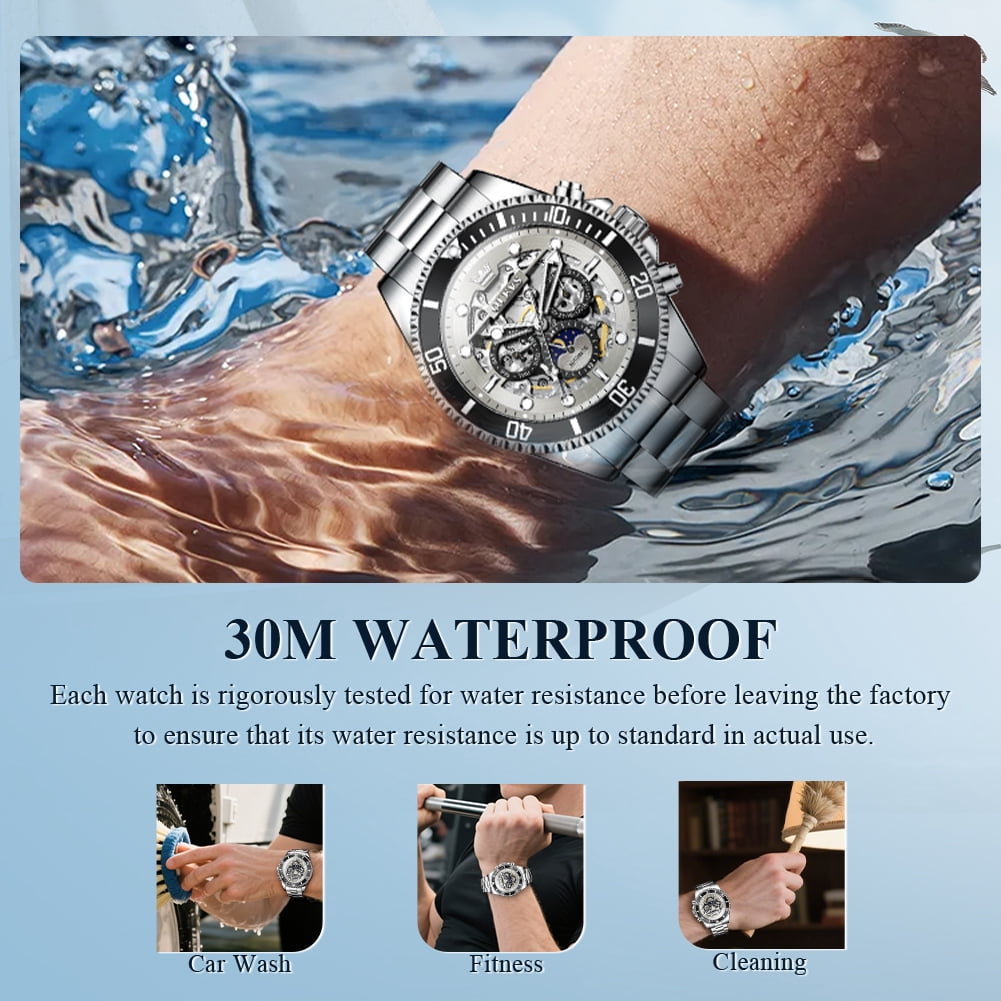 OLEVS Automatic Watches for Men Skeleton Self Winding Mechanical Fashion Dress Chronograph Moon Phase Stainless Steel Waterproof Luminous Mens Wrist Watches Gift Reloj Para Hombre