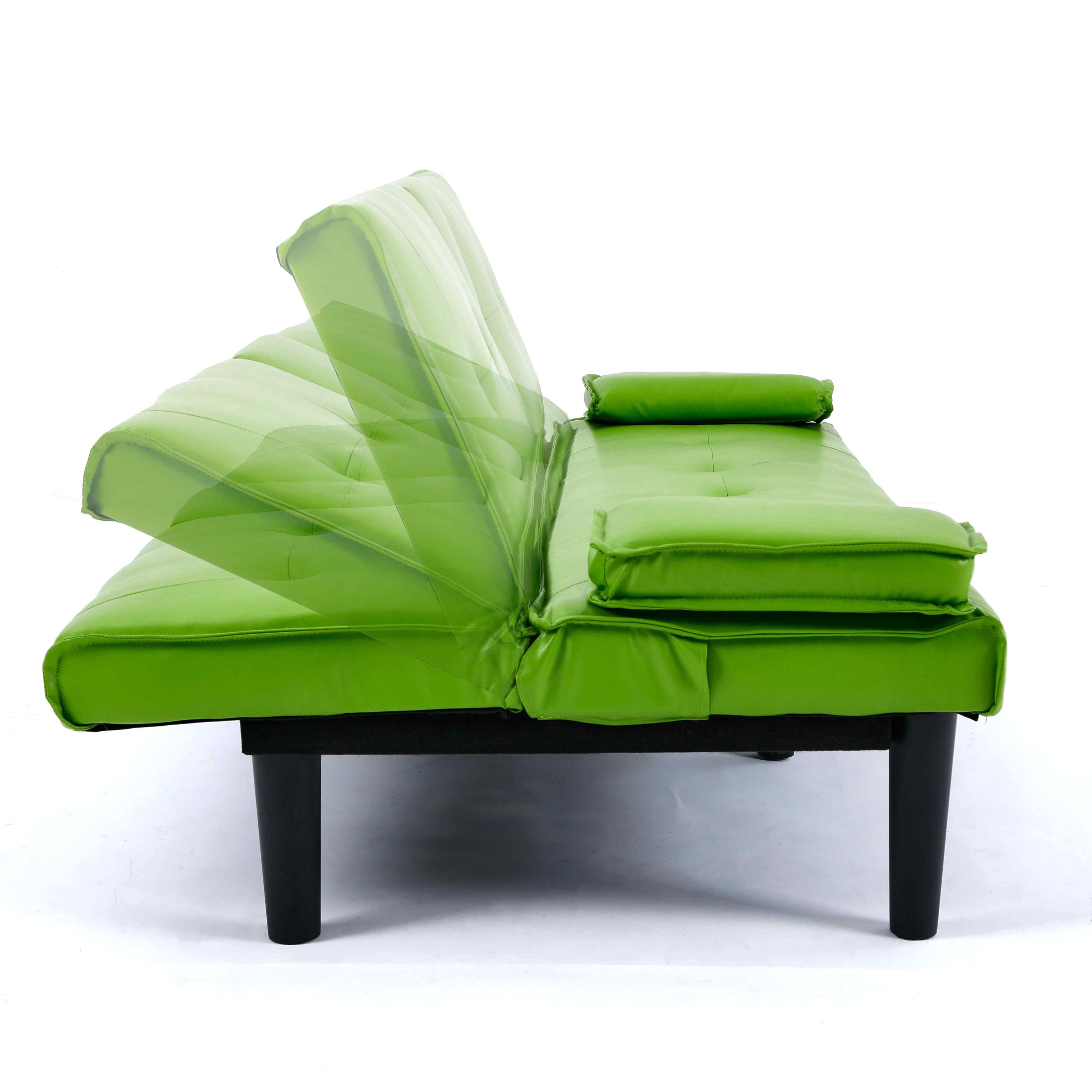 FFH 67" Futon Sofa Bed Loveseat Sleeper with Cup Holders, Folding PVC Couch for Living Room, Green