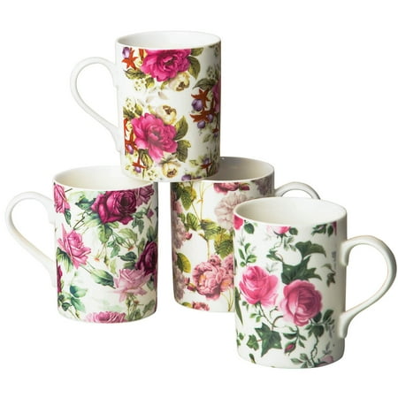 Raised Floral Porcelain - Home Essentials Victorian Rose Chintz Porcelain Coffee Mugs, Set of 4 Assorted Floral Designs – 14 Ounces Each