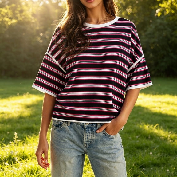 Womens Oversized Striped T-Shirts Summer Casual Color Block Short Sleeve Tops Drop Shoulder Boxy Tees Black XL