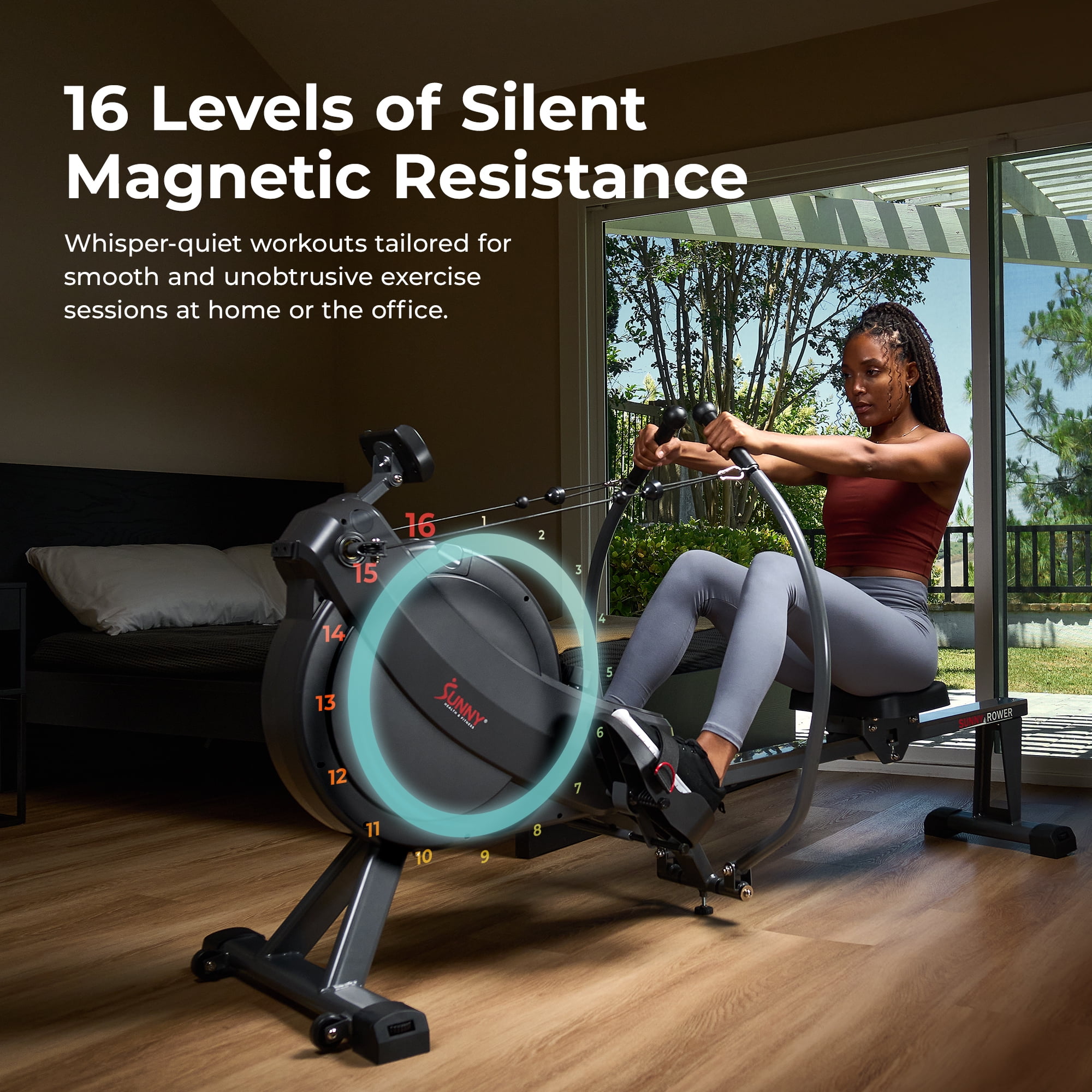 Sunny Health & Fitness MotionMax Foldable Magnetic Rowing Machine with Full Feathering Capability + Extra-Long 51” Rail w Smart Bluetooth & FREE SunnyFit® App- SF-RW522067