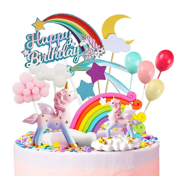 Unicornio MOVINPE para decoración de tartas con 2 unicornios mágicos y 1 arcoíris