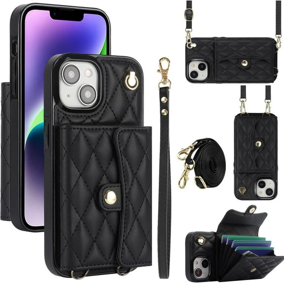 MYKOMI for iPhone 15 Case, Wallet Cute Leather Case with Card Holder Crossbody Cover for Women Girls Strap Wristlet RFID Blocking Shockproof Protective Cover