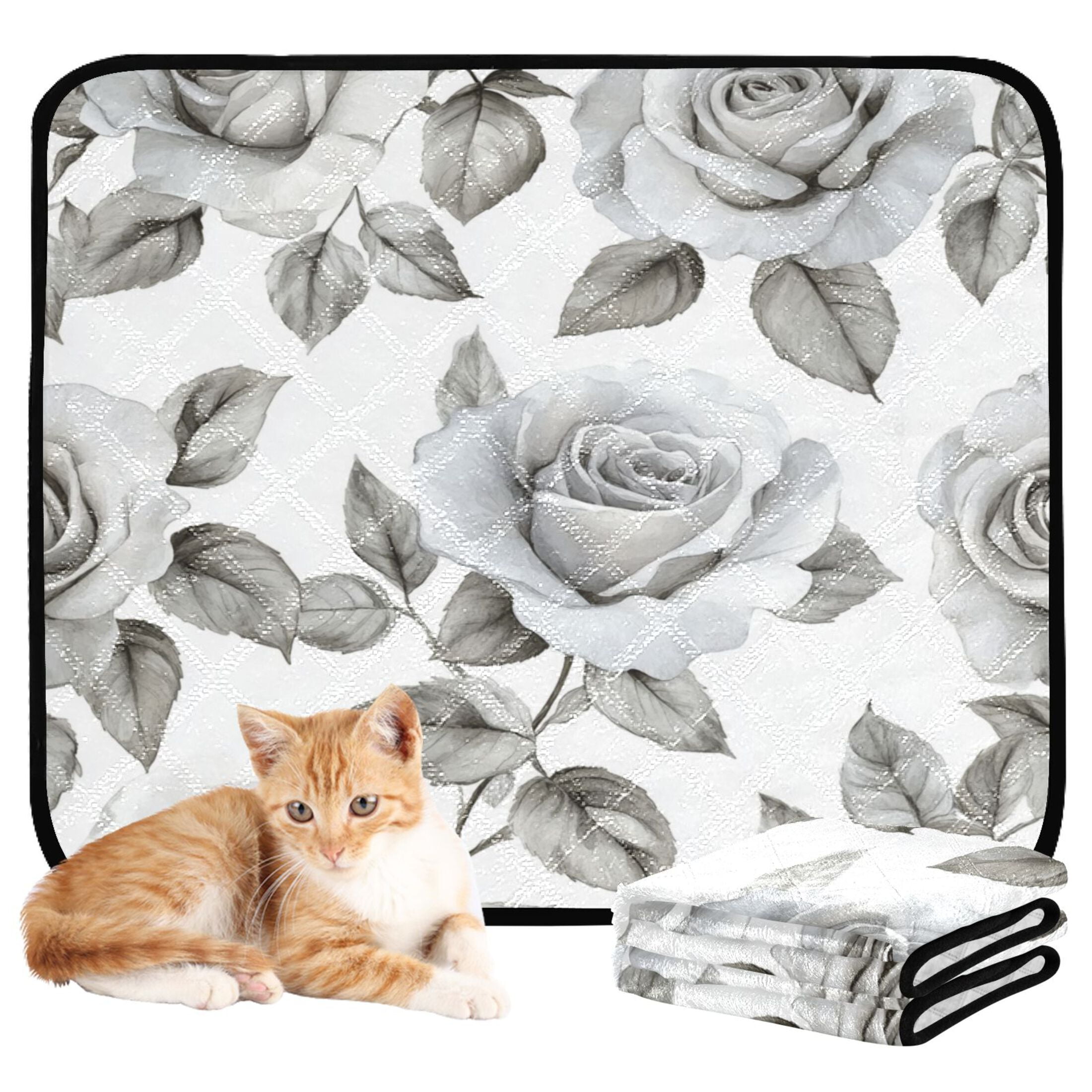 Qxltty Rose Pattern in Gray and White Tones Cat litter Pads Pet Set of 2 Diaper Mats Center Anti-leakage Layer Absorbent Soft and Comfortable