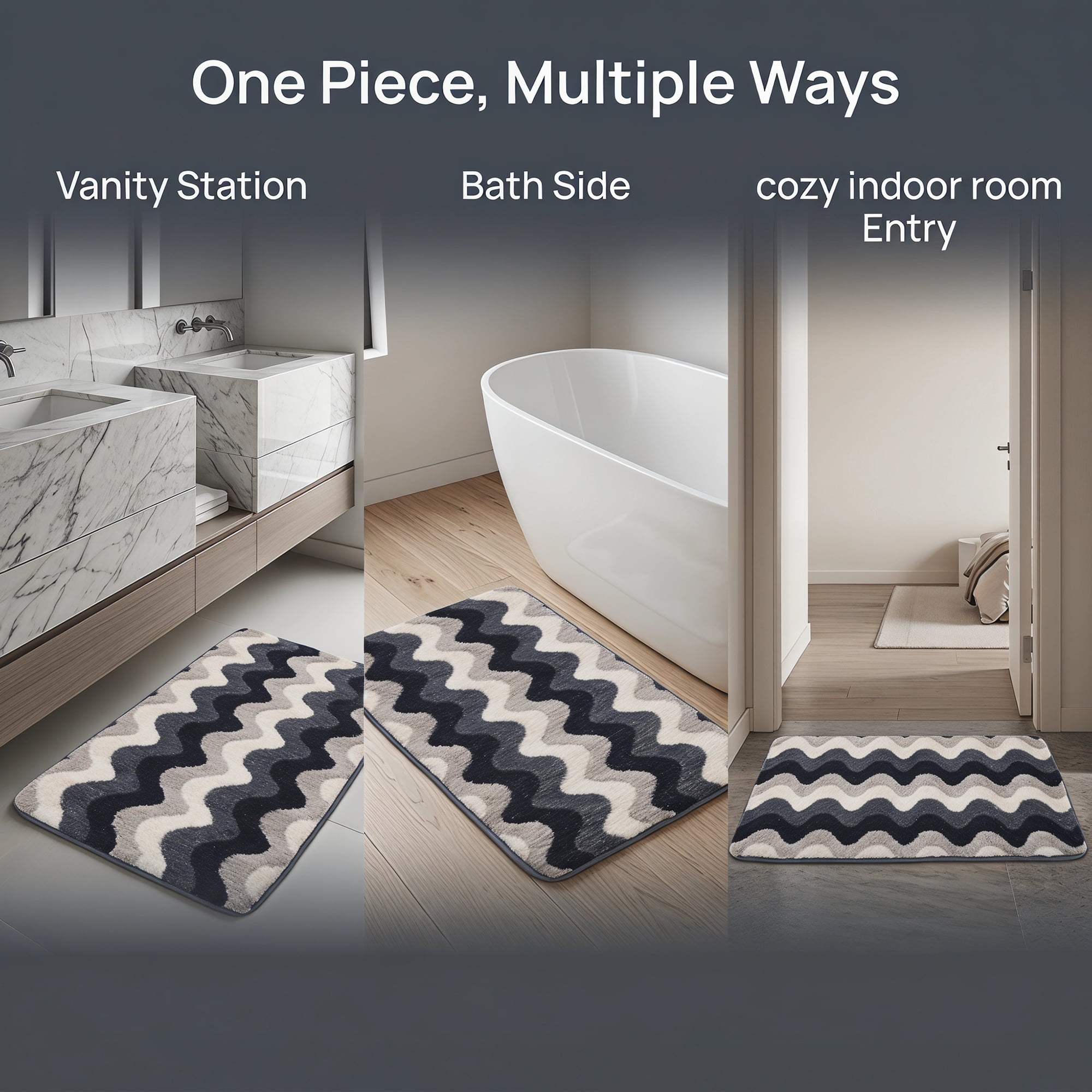 Unique Bargains Absorbent Non-Slip Machine Washable Geometric Bath Mat Black 24" x 16"