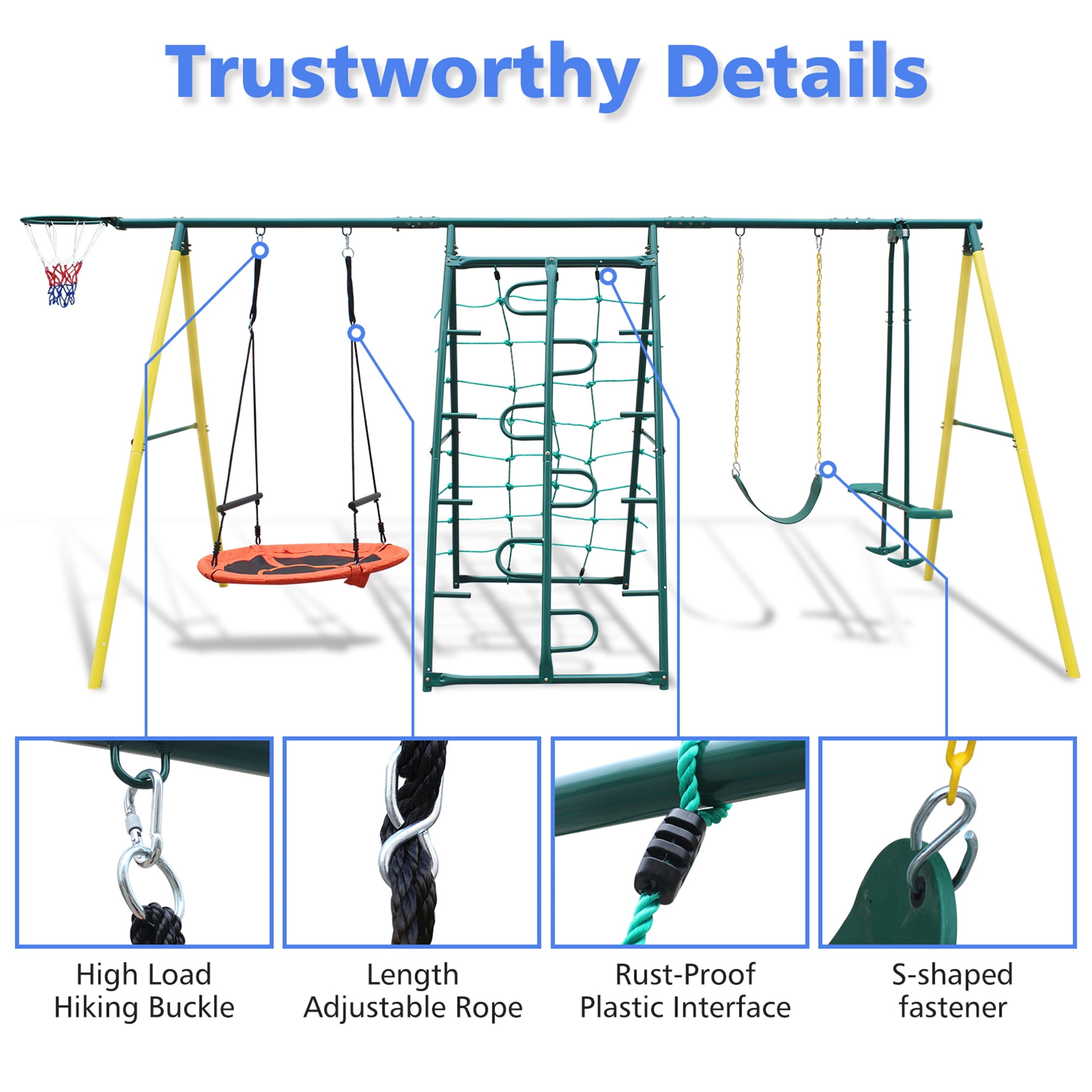 Aukfa 7 in 1 Kids Swing Set, Outdoor Heavy-Duty Metal Playset for Backyard with Fun Glider, Climbing