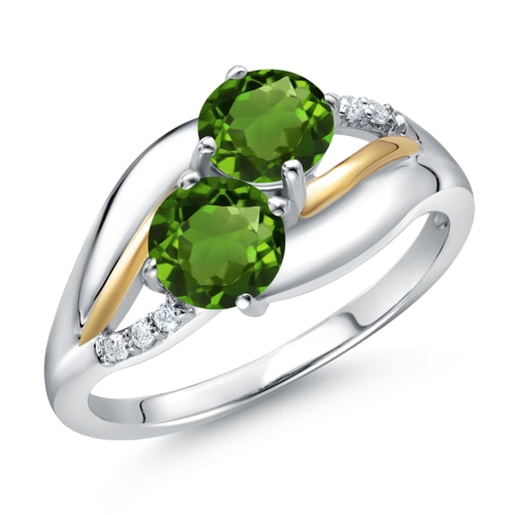Gem Stone King 925 Sterling Silver and 10k Yellow Gold Green Chrome Diopside and White Lab Grown Diamond 2 Stone Engagement Ring for Women (1.04 Cttw, Round 5MM, Gemstone, Size 8)