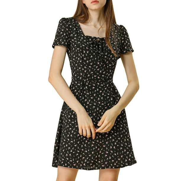 Vestido de Promoción A-Line de Manga Corta con Cuello Cuadrado Impreso para Mujeres INSPIRE CHIC L Negro-Floral
