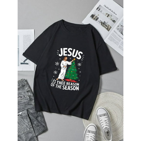 Christmas Black Jesus Is Thee Reason Of The Season Religious Tree And Snowflake Print Graphic T-Shirt for Men Women ,Tops Tee