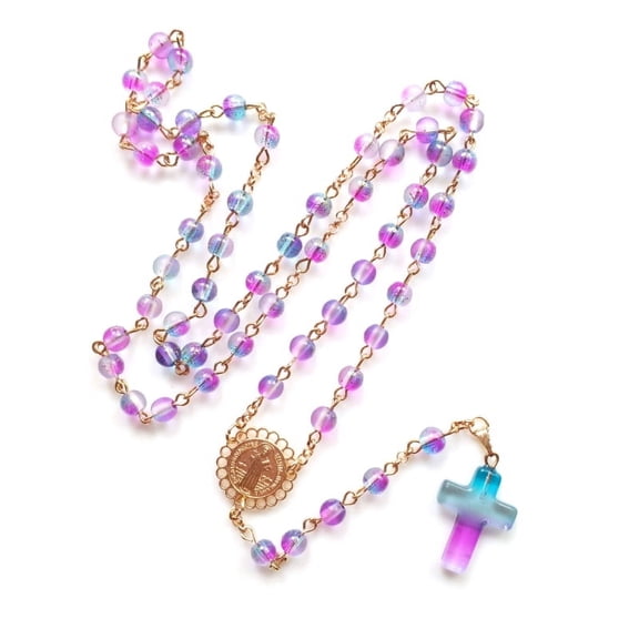 Catholic Colorful Round Beads Rosary Necklace Medal Cross Pendant Religious Jewelry First Communion Gift for Girl Women