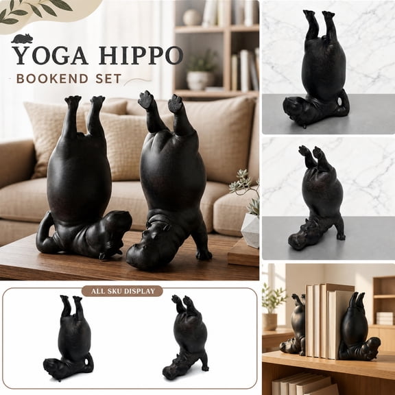 Book Holder Stand Black Yoga Hippo Decorative Bookend, Whimsical Black Home Decor for Home and Office, Housewarming Gift for Book Lovers 8 X 6 X 4.5 in