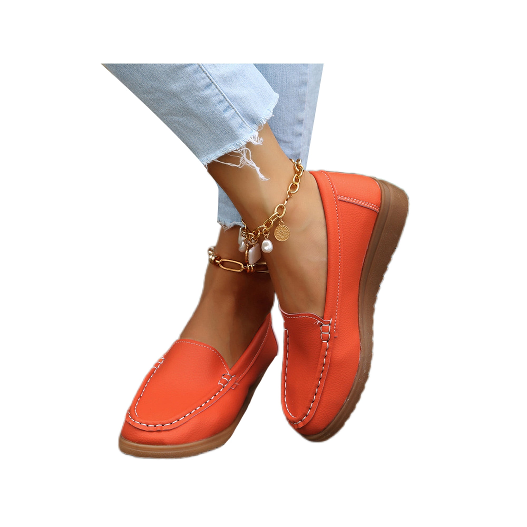 Woobling Women's Penny Loafers Comfy Slip on Boat Shoe Flat Walking Work Shoes 4.5-8.5 Orange 5 Walmart.com