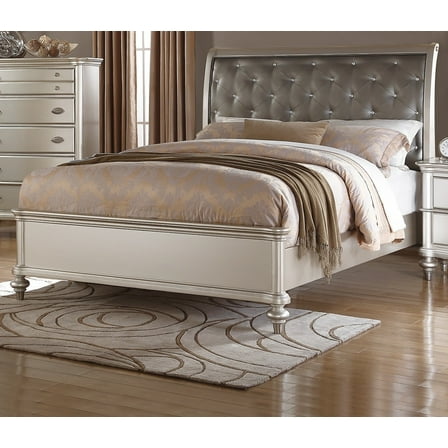 Bed Frame Silver Faux Leather Tufted Headboard 1pc Queen Size Bed Bedroom Furniture Look Bedframe