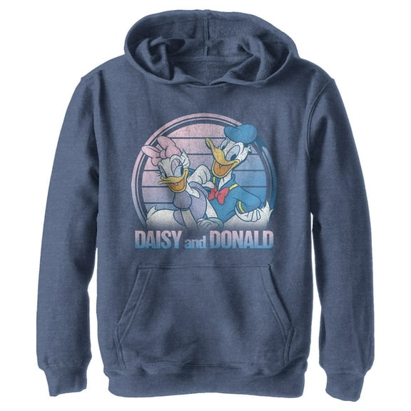 Boy's Mickey & Friends Daisy and Donald Duck Distressed Pull Over Hoodie Navy Blue Heather Large