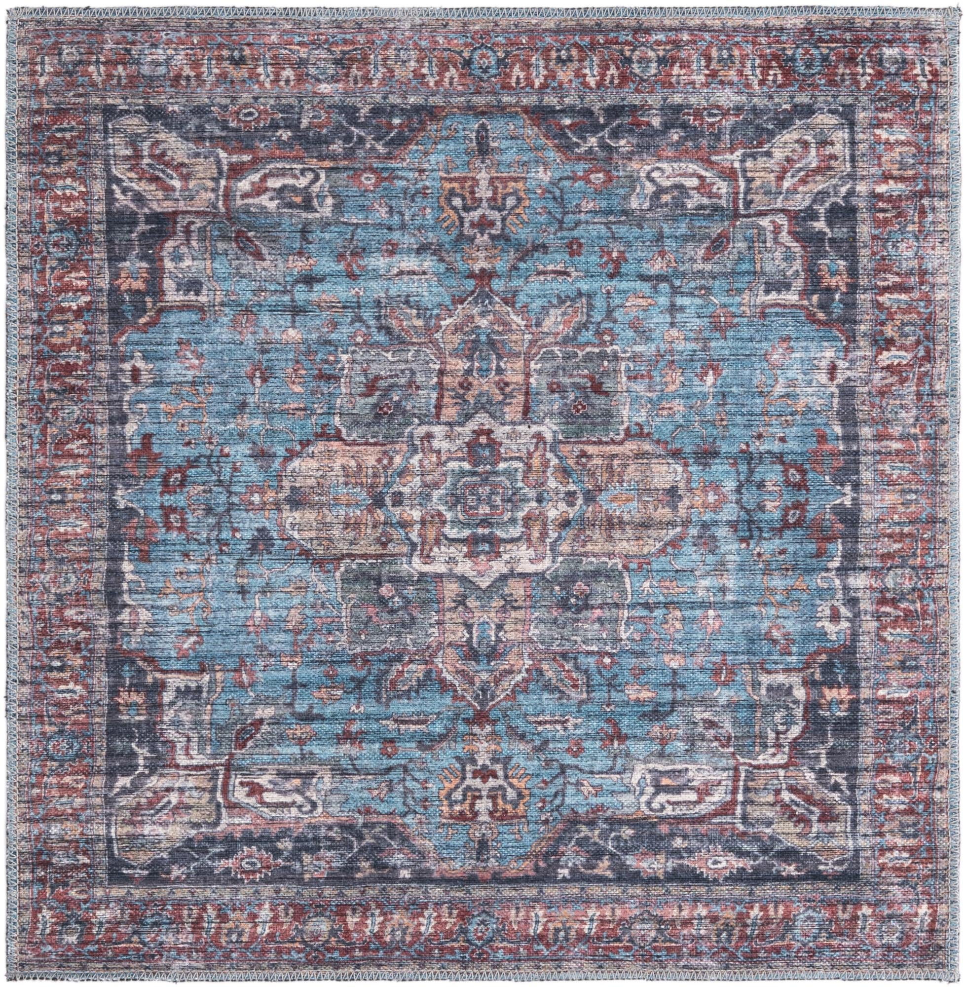 Maahru Blue Square Washable Synthetic Flatwoven Rug