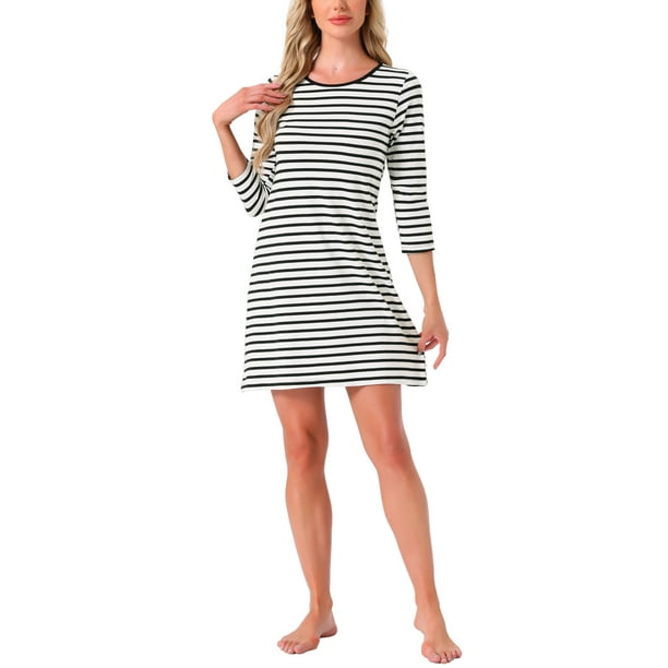 INSPIRAR CHIC Ropa de dormir para mujeres Algodón Rayas Manga 3/4 Cuello Redondo Midi Color Contrastante Suave Vestido de Noche XL Negro