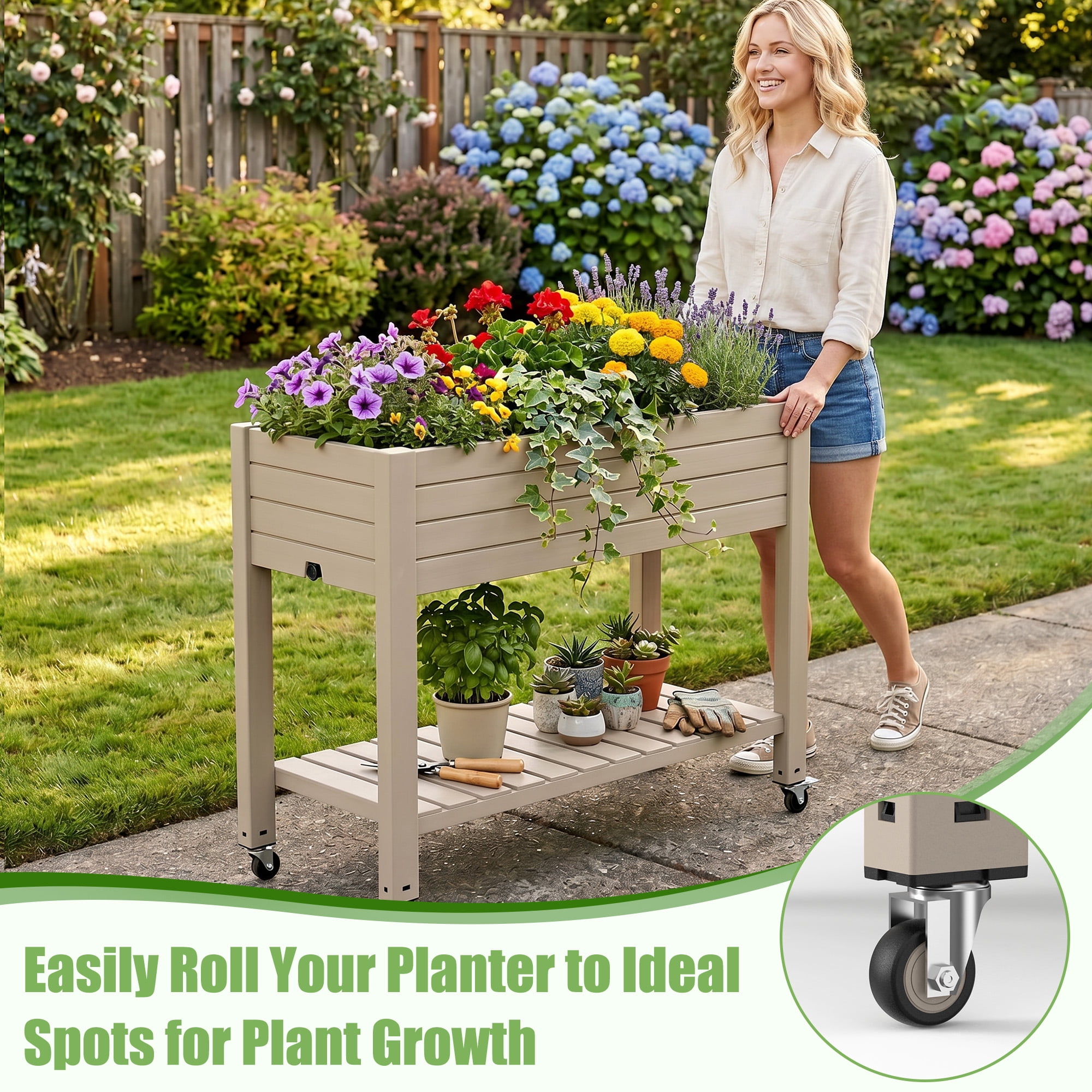 Joxxoaa Raised Garden Bed with Legs,Self-Watering Resin Planter Box with Lockable Wheels Drainage Plug and Gauge for Vegetables, Flowers, Storage Shelf for Tools and Accessories (Brown)