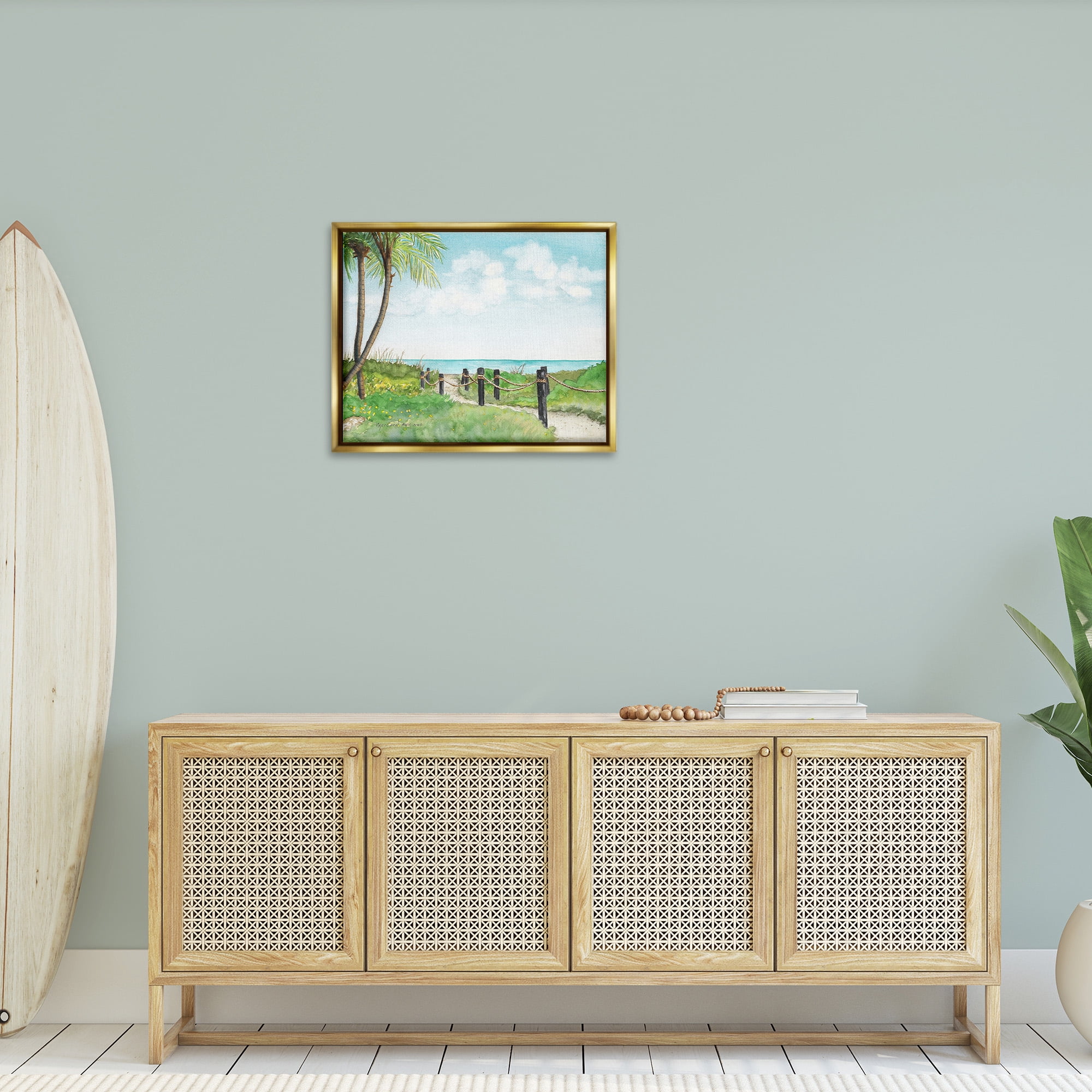 Stupell Industries Tropical Summer Path Landscape Painting Gold Floater Framed Canvas Art Print Wall Art, 31 x 25