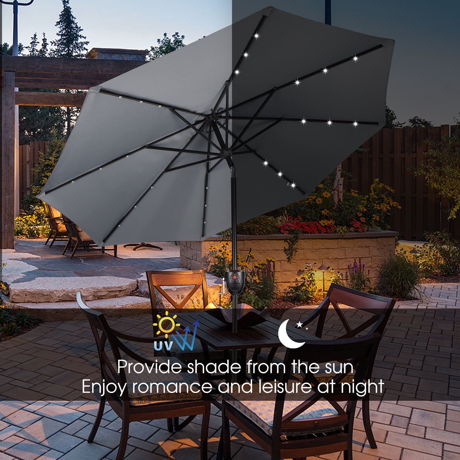 SUNBRANO 9ft Bluetooth Speaker Patio Umbrella with 32 Solar LED Lights,  Outdoor Table Umbrella with Crank and Tilt, grey - Walmart.com