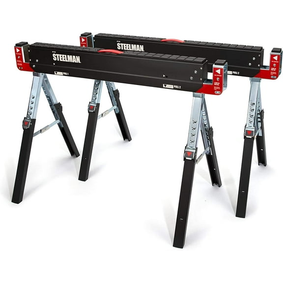 Steelman Adjustable Height Work Table Folding Sawhorses, Set of Two, Durable Steel Construction, Folding Legs, 2x4 Table Support Arms, 2,600 lb. Combined Loading Capacity