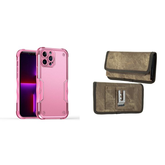Case with Belt Holster Bundle for iPhone 14: Slim EX Hybrid Series Shockproof Case (Pink) and Rugged Denim Nylon Phone Pouch (Tan Brown)
