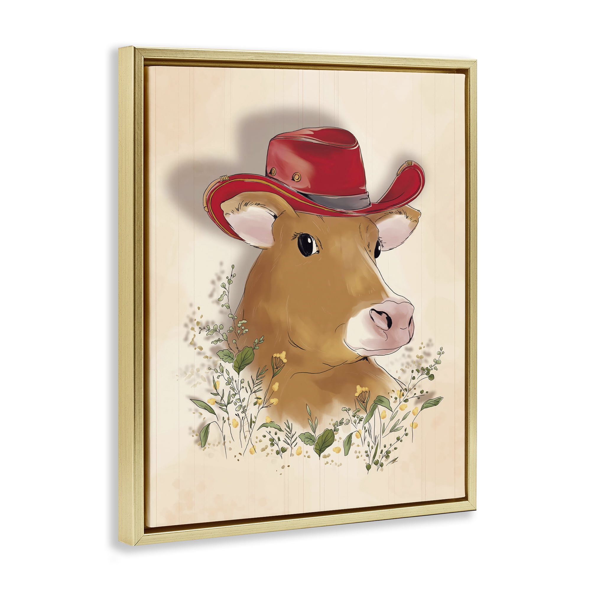 Stupell Industries Cow with Red Cowboy Hat Animals Painting Gold Floater Framed Canvas Art Print Wall Art, 17 x 21