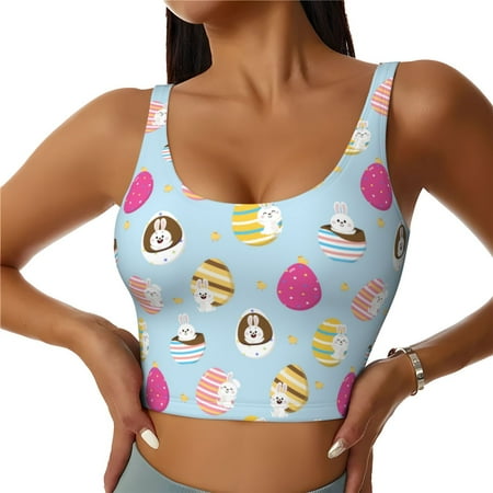 Jgfou Happy Easter Print Womens Sports Bra - Padded Workout Sports Bras Crop Tank Top