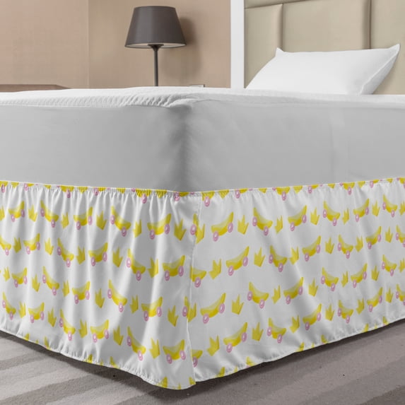 Cartoon Bed Skirt, Funny Summer Season with Children's Skateboard and Crown Elements, Elastic Bedskirt Dust Ruffle Wrap Around for Bedding Decor, 4 Sizes, Yellow Pale Pink, by Ambesonne