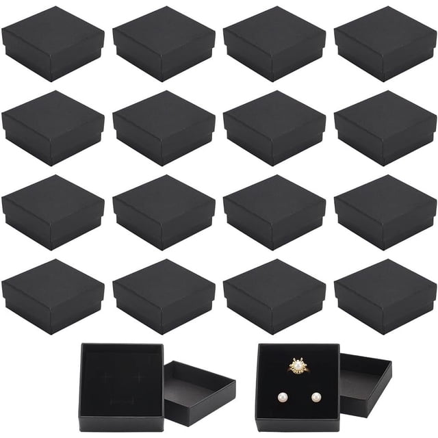Paquete de 24 cajas de regalo negras para joyería, de 7 x 7 x 3 cm, de cartón kraft con esponja para collares, pendientes, anillos y pulseras.