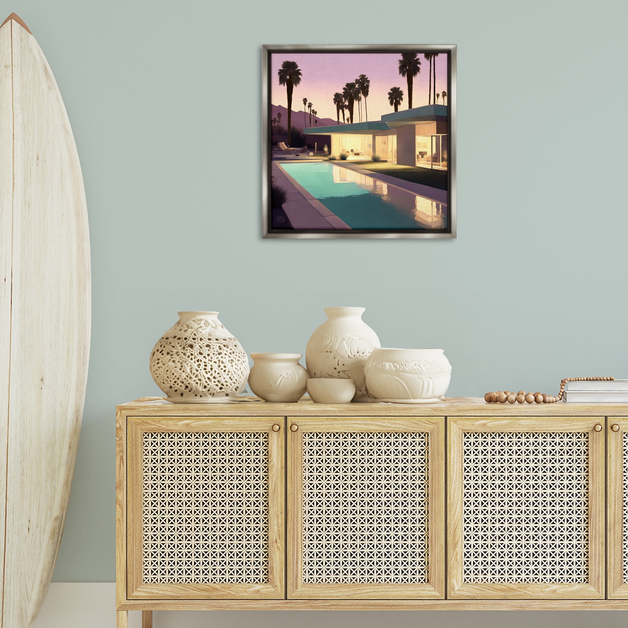 Stupell Industries Palm Trees & Pool Villa Landscape & Nature Painting Gray Floater Framed Canvas Art Print Wall Art, 25 x 25