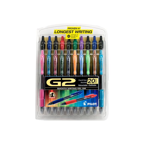 Pilot G-2 Rollerball Pens, Retractable, Fine Point, 0.7 mm, Assorted Ink Colors, 20 Pack