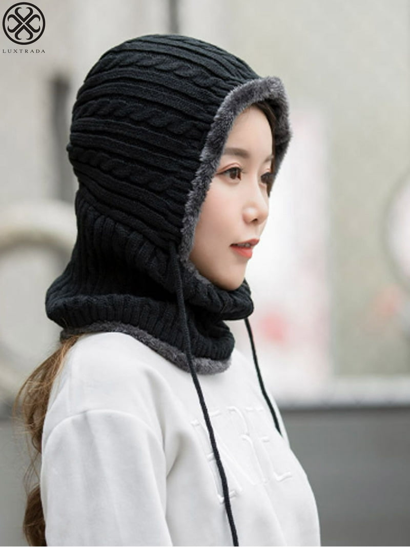 Luxtrada Womens Attached Knit Winter Beanie Hat Scarf Set