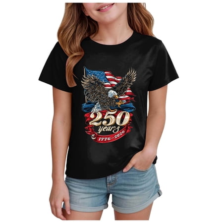 Karoyedx Teen Girl Shirts Girls 4th of July USA Patriotic T-Shirt American Flag Raglan Tee Independence Day Outfit for Kids Black Size 11-12 Years
