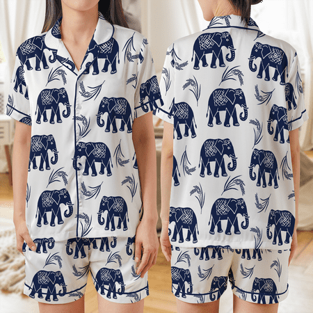 Lotusprinthandmade Elephant All-over Print Satin Short-Sleeve Pajamas Set (No Pocket) (3XL)