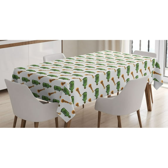 Pirate Theme Tablecloth, Illustrated Composition of Ship in a Bottle and Binoculars Print, Rectangle Satin Table Cover for Dining Room and Kitchen, 60" X 84", Fern Green and Caramel, by Ambesonne