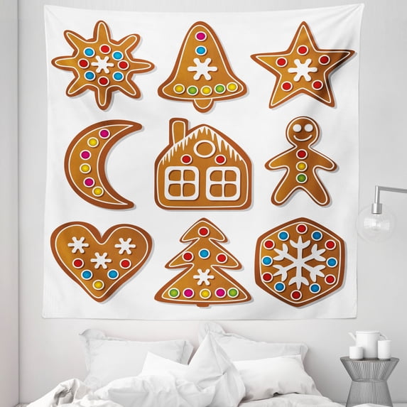 Gingerbread Man Tapestry, Graphic Gingerbread Sugar Biscuits with Colorful Dots Bonbons Print, Fabric Wall Hanging Decor for Bedroom Living Room Dorm, 5 Sizes, Brown Multicolor, by Ambesonne