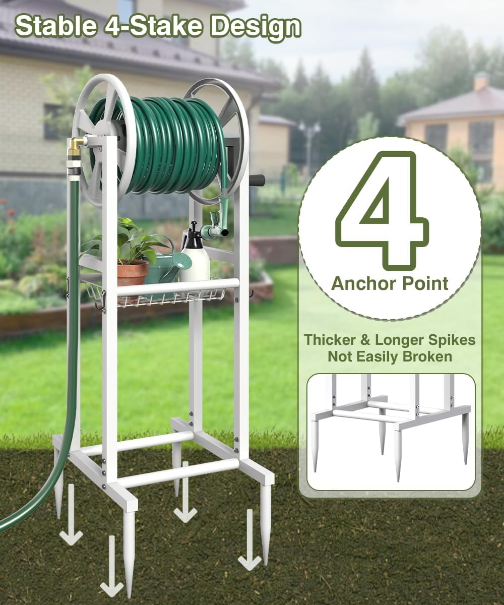 Freestanding Garden Hose Reel holds 125ft Hose of 5/8" with 4 Hooks, 4-Spike Outdoor Hose Holder with 3.9ft Leader Hose & Brass Fitting, Detachable Metal Hose Stand with Storage Rack, White