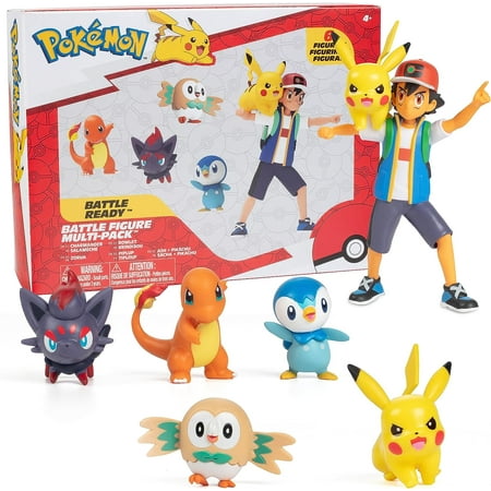 Pokemon Battle Ready! Figure Set Toy, 6 Pieces - Includes 4.5" Ash & Launching Pikachu, 2" Charmander, 2” Rowlet, 2” Piplup, 2” Zorua - Officially Licensed - Gift for Kids, Boys & Girls - Ages 4+