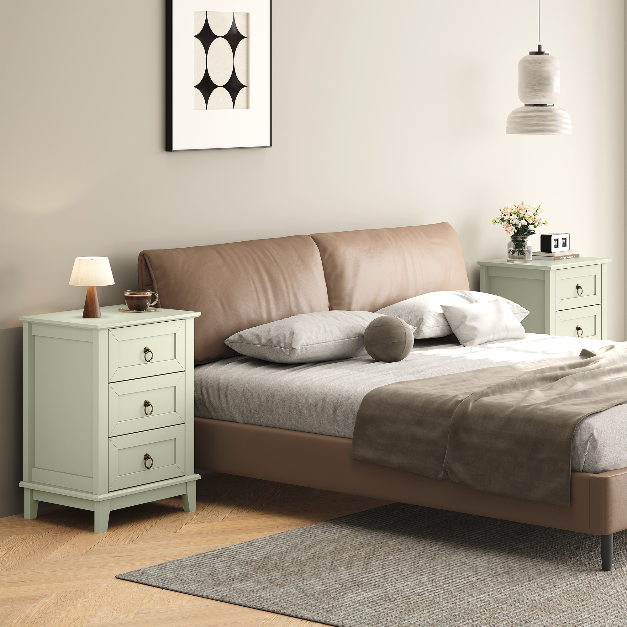 CozyHome Beige Nightstand Set of 2: Slim 3-Drawer Tall Wood Dressers, Space-Saving Bedside Tables for Small Rooms, Bedroom, or Dorm