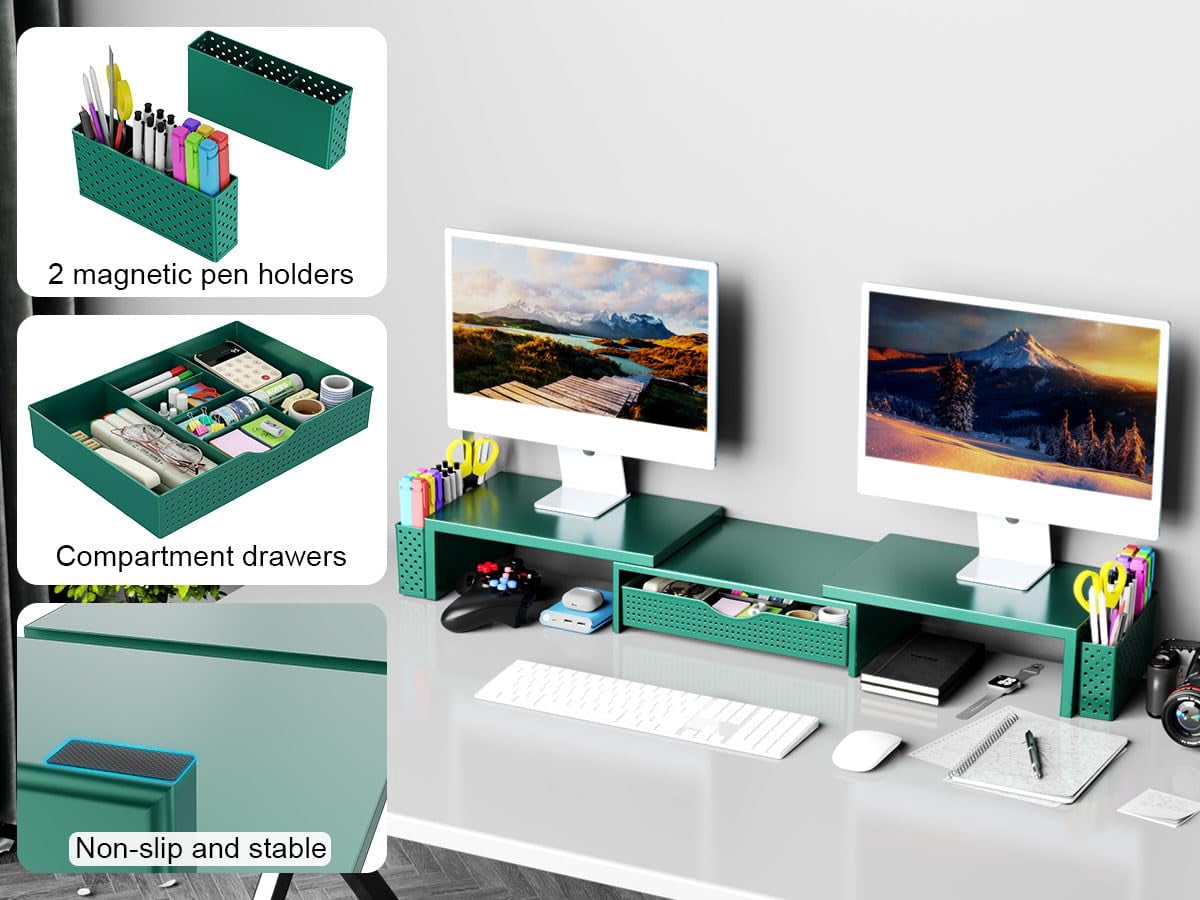 Metal Desk Organizers And Accessories  Dual Monitor Stand Riser With Drawer 2 Pen Holders & Workspace Desktop For Office Supplies (dark Gree)
