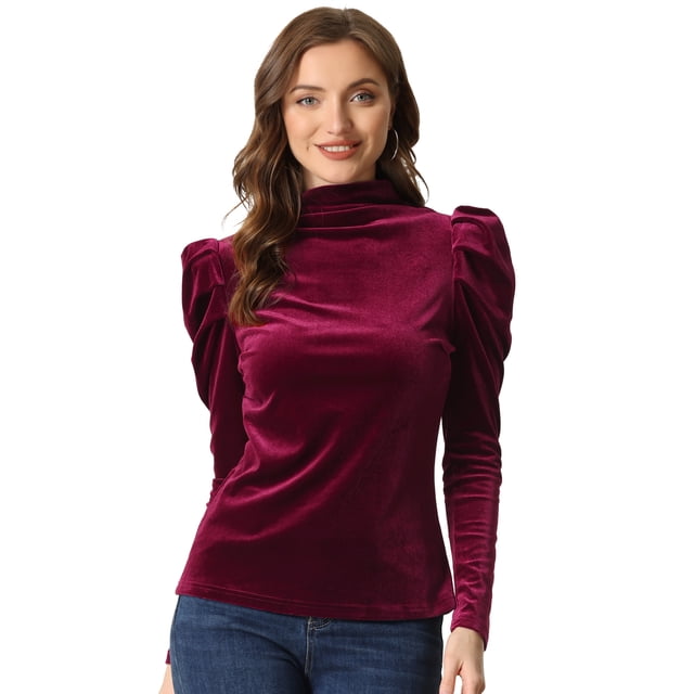 Blusa de Terciopelo para Mujer de Manga Larga con Cuello Alto Top Elegante de Terciopelo borgoña M