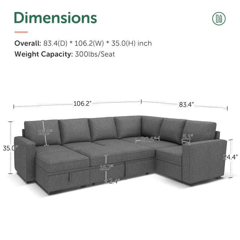 Marrber Sectional Linen Sleeper Sofa Bed with Storage and Pull-Out Couch for Living Room, Grey