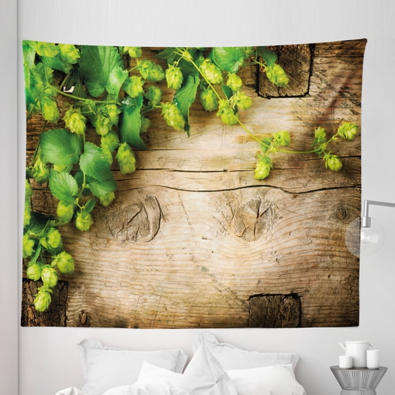 Plant Tapestry, Hop Twigs on an Old and Cracked Wooden Board Fresh Picked Whole Hops Brewing, Fabric Wall Hanging Decor for Bedroom Living Room Dorm, 5 Sizes, Avocado Green Brown, by Ambesonne