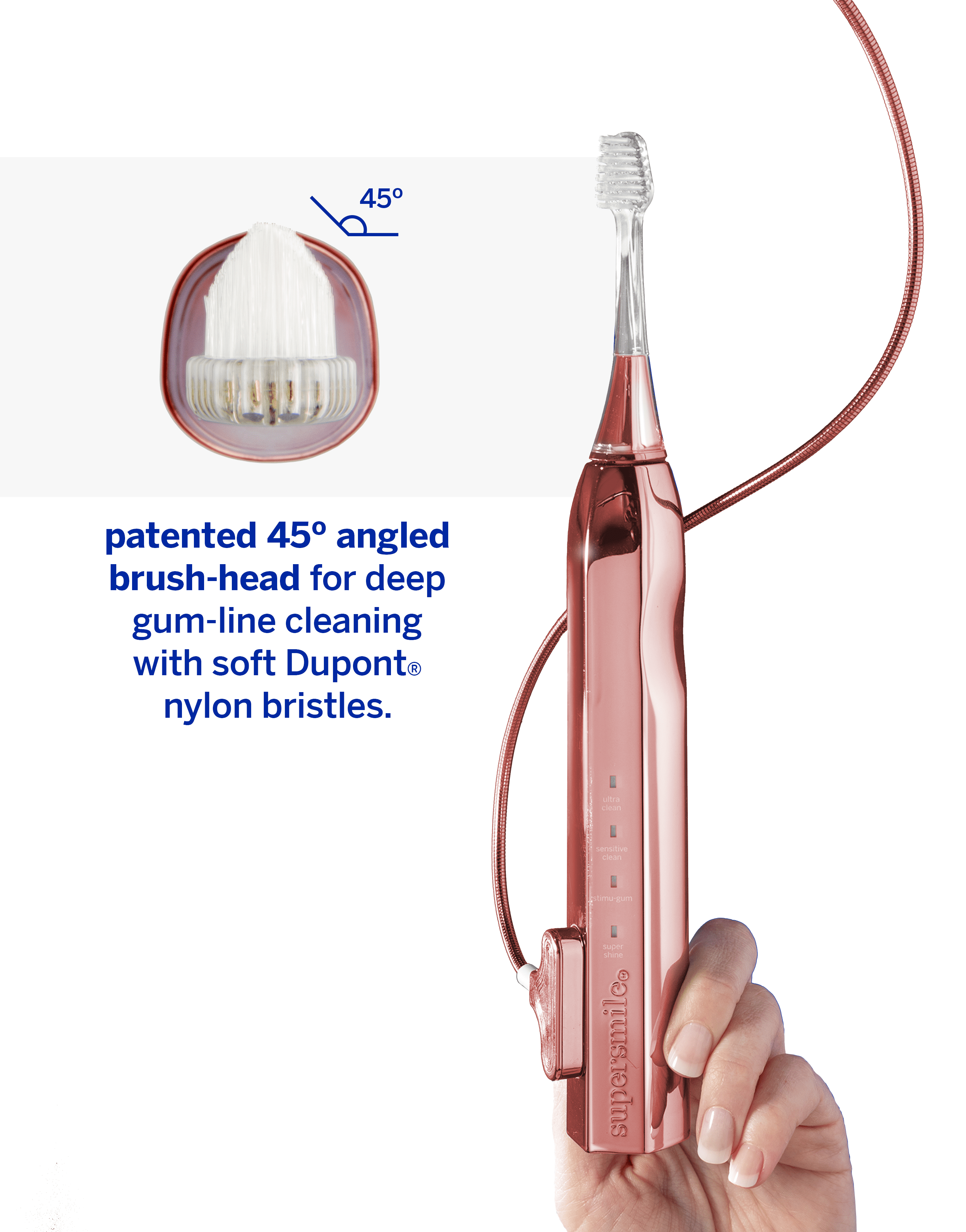 Supersmile Zina45 Deluxe Sonic Pulse Electric Toothbrush with Patented 45° Soft Bristles, USB Rechargeable Whitening Polishing Head and Travel Case for Adults & Children